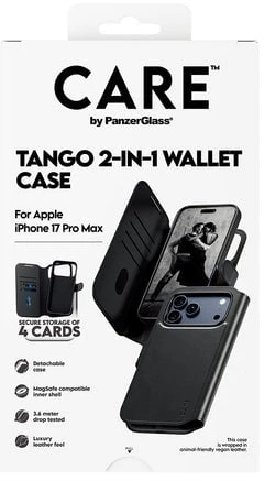 Panzer Glass „CARE by PanzerGlass Feature Tango 2in1“ piniginės dėklas su „MagSafe“ jungtimi, skirtas „iPhone 17 Pro Max“ – juodas