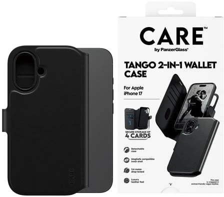 Panzer Glass „CARE by PanzerGlass Feature Tango 2in1“ piniginės dėklas su „MagSafe“ jungtimi, skirtas „iPhone 17“ – juodas