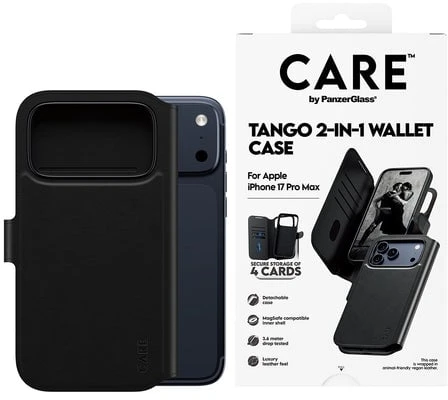 Panzer Glass „CARE by PanzerGlass Feature Tango 2in1“ piniginės dėklas su „MagSafe“ jungtimi, skirtas „iPhone 17 Pro Max“ – juodas