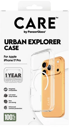 „Panzer Glass CARE by PanzerGlass Flagship Urban Explorer“ dėklas su „Baltas MagSafe“, skirtas „iPhone 17 Pro“ – permatomas