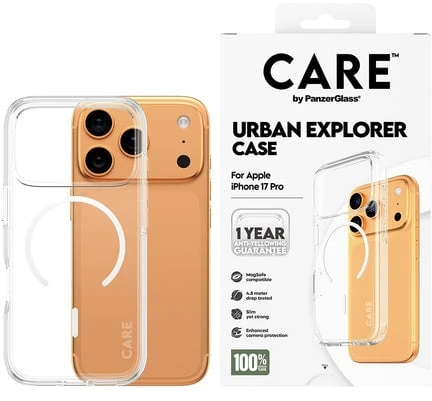 „Panzer Glass CARE by PanzerGlass Flagship Urban Explorer“ dėklas su „Baltas MagSafe“, skirtas „iPhone 17 Pro“ – permatomas