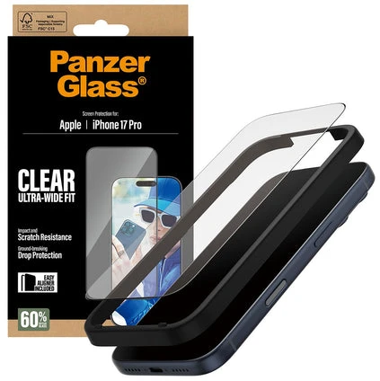 „PanzerGlass“ – ekrano apsauga „iPhone 17 Pro“ – itin platus prigludimas su „EasyAligner“