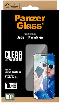 „PanzerGlass“ – ekrano apsauga „iPhone 17 Pro“ – itin platus prigludimas su „EasyAligner“