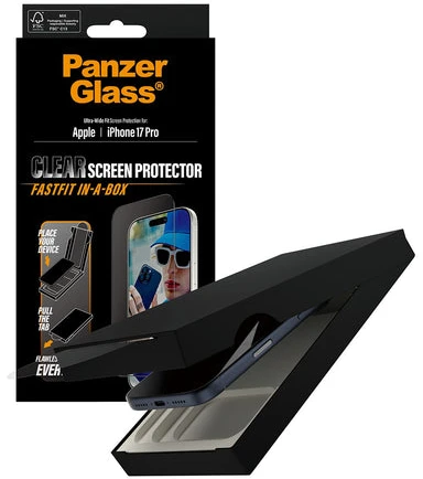 „PanzerGlass“ – ekrano apsauga su juodu rėmeliu – „iPhone 17 Pro“ – UWF su „Fastfit“ dėkle