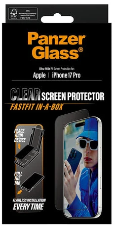 „PanzerGlass“ – ekrano apsauga su juodu rėmeliu – „iPhone 17 Pro“ – UWF su „Fastfit“ dėkle