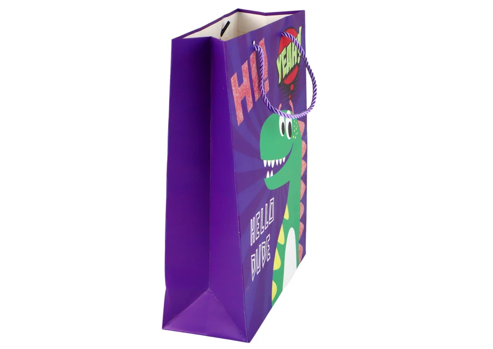 Lean Toys Violetinis popierinis dovanų maišelis su dinozauro motyvu