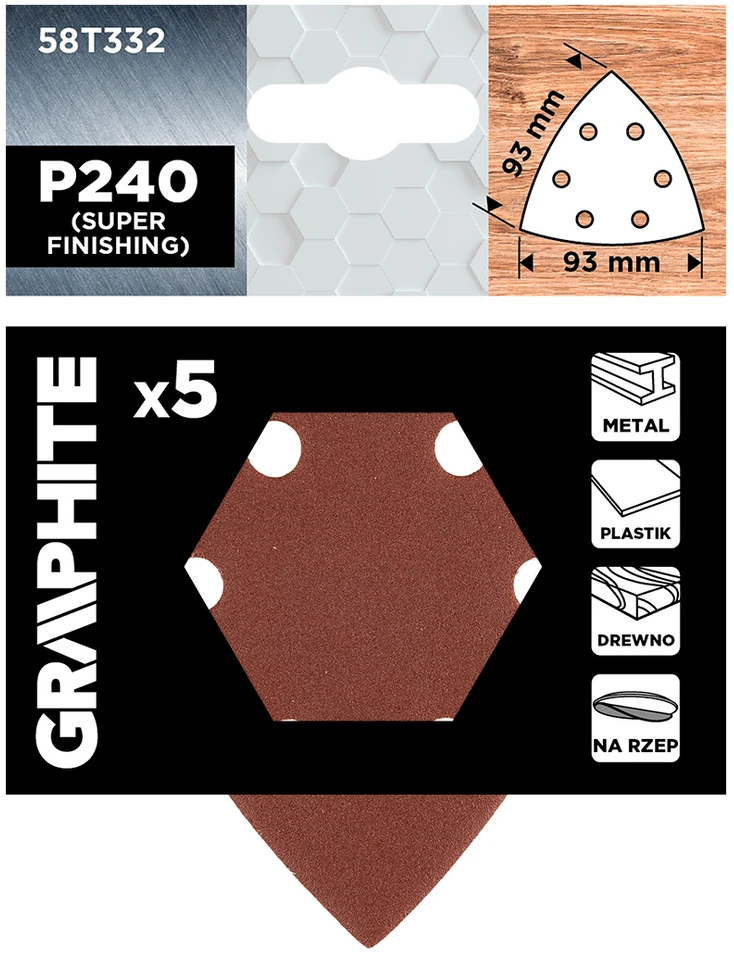 Graphite Papiery Delta Velcro švitrinis popierius 93 x 93 mm, P240, 5 vnt., su 6 skylėmis