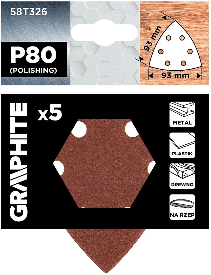 Graphite Papiery Delta Velcro švitrinis popierius 93 x 93 mm, P80, 5 vnt., su 6 skylėmis