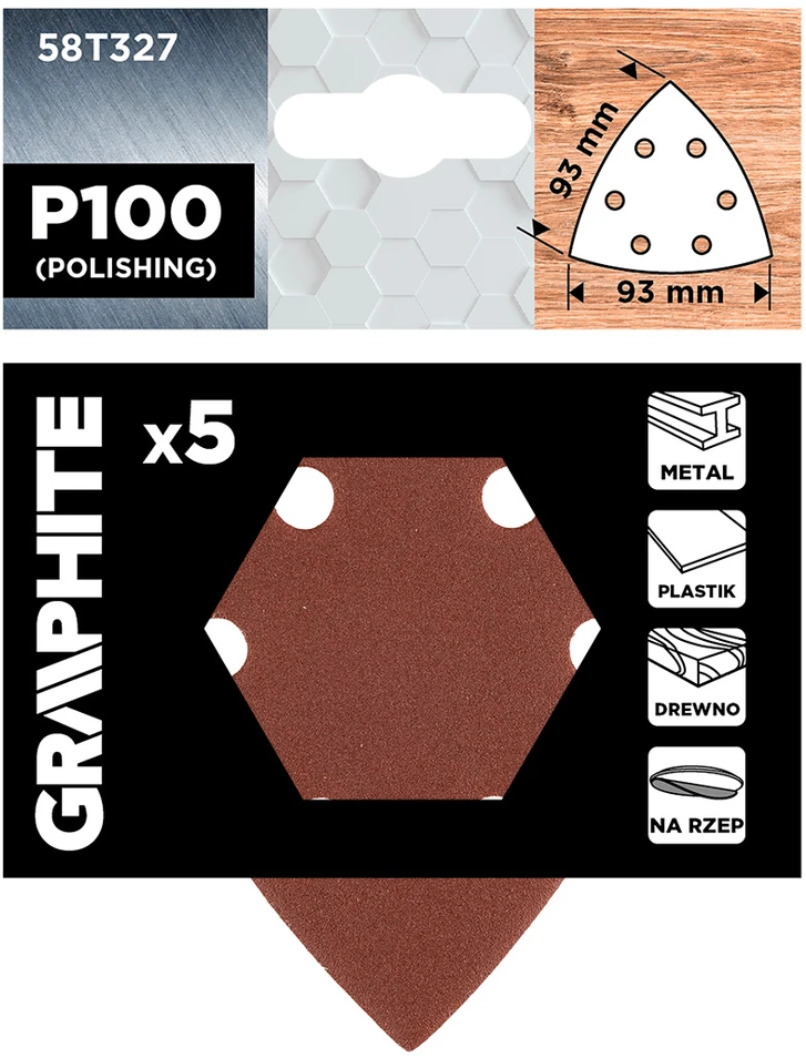 Graphite Papiery Delta Velcro švitrinis popierius 93 x 93 mm, P100, 5 vnt., su 6 skylėmis