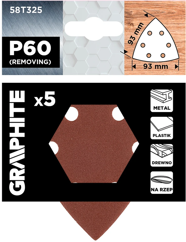 Graphite Papiery Delta Velcro švitrinis popierius 93 x 93 mm, P60, 5 vnt., su 6 skylėmis