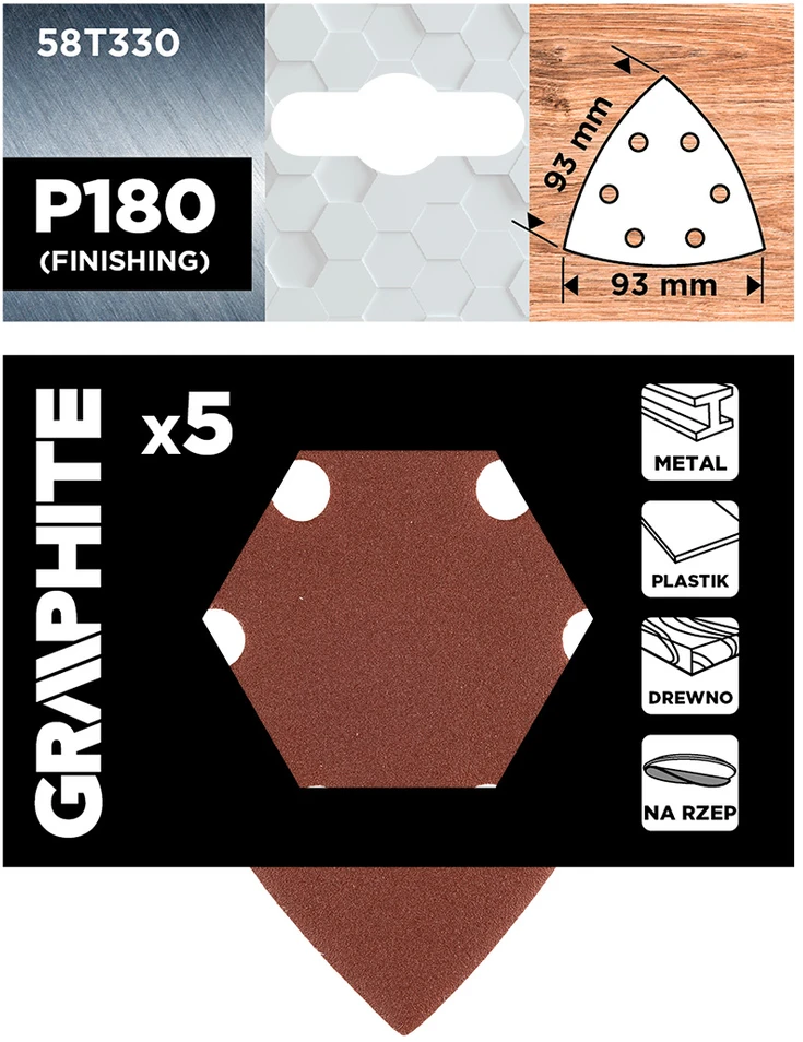 Graphite Papiery Delta Velcro švitrinis popierius 93 x 93 mm, P180, 5 vnt., su 6 skylėmis