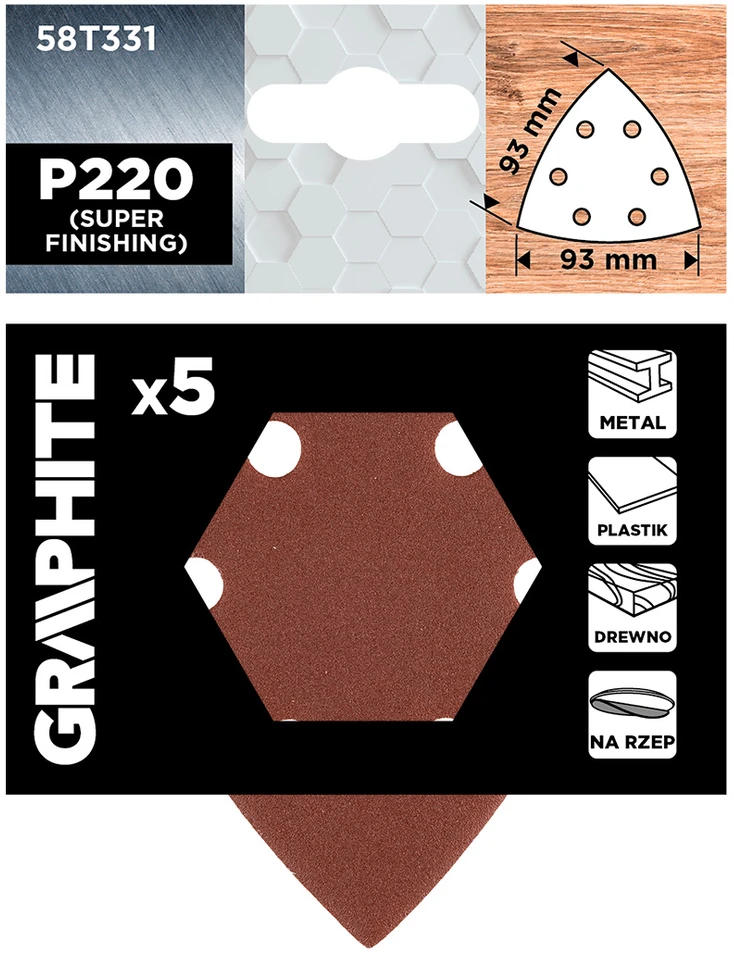 Graphite Papiery Delta Velcro švitrinis popierius 93 x 93 mm, P220, 5 vnt., su 6 skylėmis