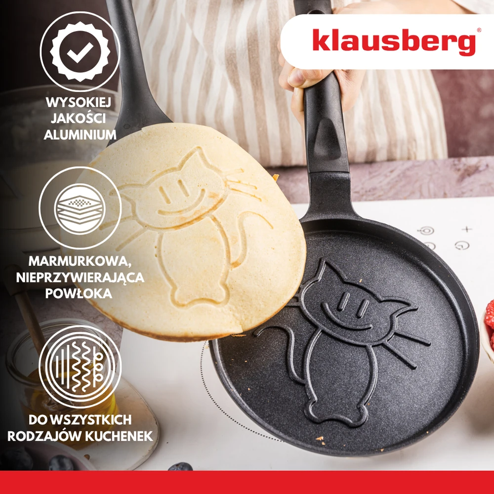 Keptuvė Blynų kepimo forma, kačiuko rašto, aliuminio, nelimpanti danga, juoda, 18 cm skersmens, Klausberg, kb-7973