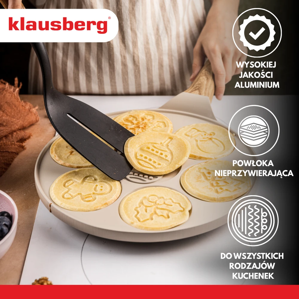 Keptuvė Blynų kepimo forma, kalėdinio rašto, aliuminio, nelimpanti danga, smėlio spalvos, 26,5 cm skersmens, Klausberg, kb-7970