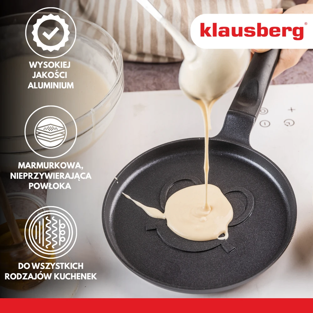 Keptuvė Blynų kepimo forma, su besišypsančio veido raštu, aliumininė, nelimpanti danga, juoda, 18 cm skersmens, Klausberg, kb-7971