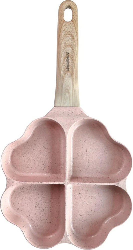 Keptuvė Keptuvė nepridegančia danga, 4 širdies formos sekcijos, rožinė su medine rankena, 35,5x19,2x2,8 cm, Klausberg, kb-7820
