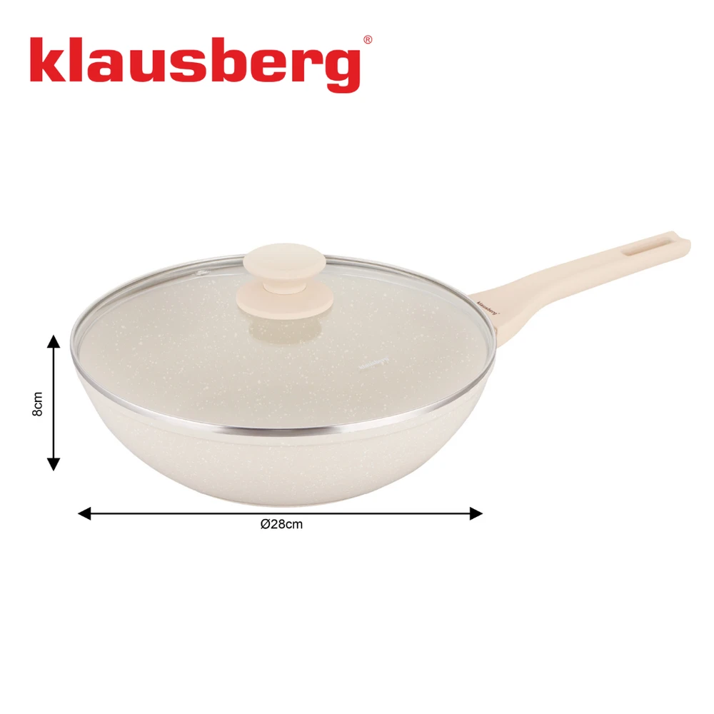 Keptuvė Marmurinė vok keptuvė 28 cm, kreminės spalvos, su dangčiu, klausberg KB-7991