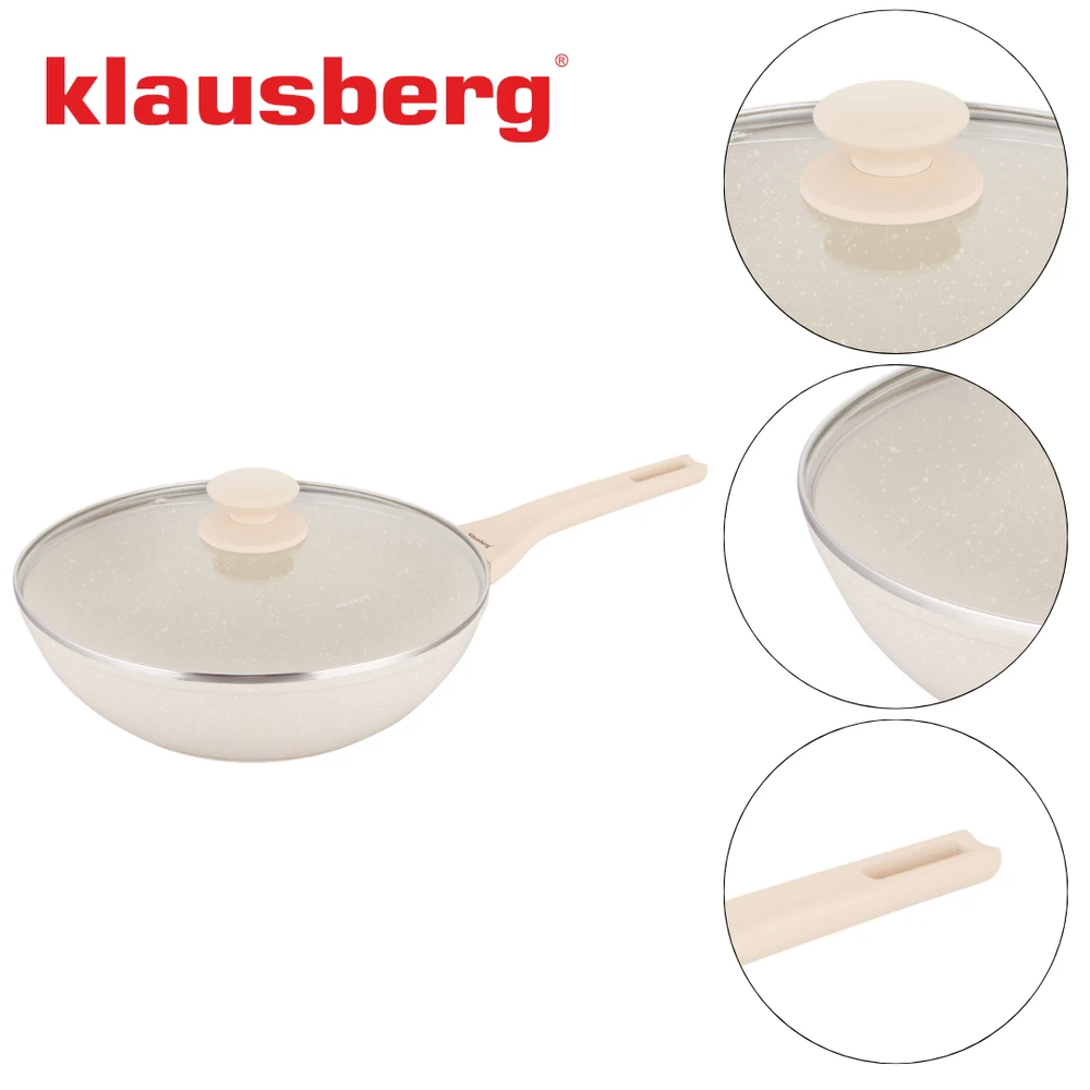 Keptuvė Marmurinė vok keptuvė 28 cm, kreminės spalvos, su dangčiu, klausberg KB-7991