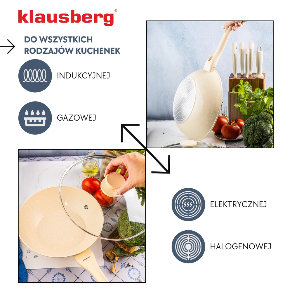 Keptuvė Marmurinė vok keptuvė 28 cm, kreminės spalvos, su dangčiu, klausberg KB-7991