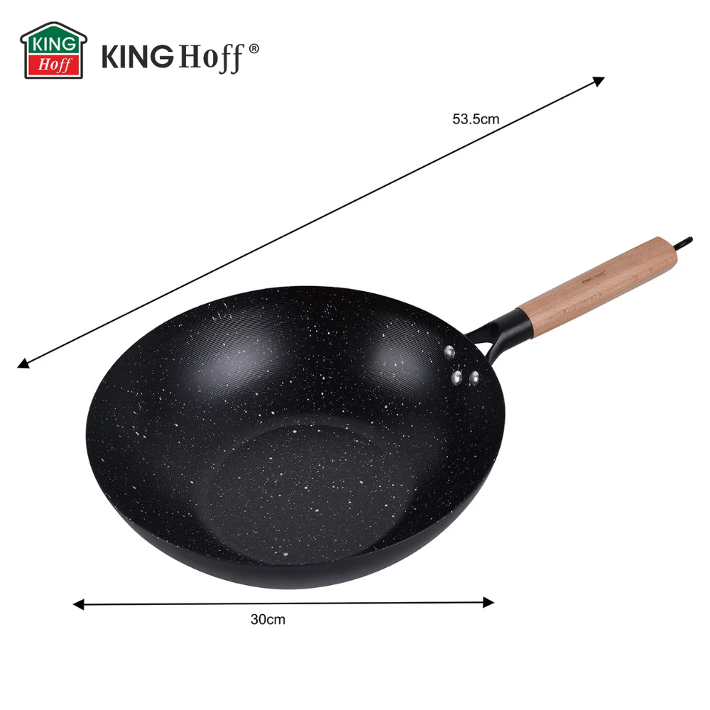King Hoff Keptuvė Wok keptuvė 30 cm, anglinio plieno, marmurinė nelimpanti danga, medinė rankena, kinghoff, kh-1983
