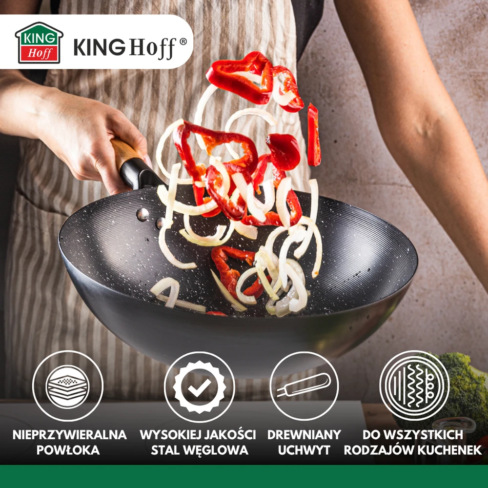 King Hoff Keptuvė Wok keptuvė 30 cm, anglinio plieno, marmurinė nelimpanti danga, medinė rankena, kinghoff, kh-1983
