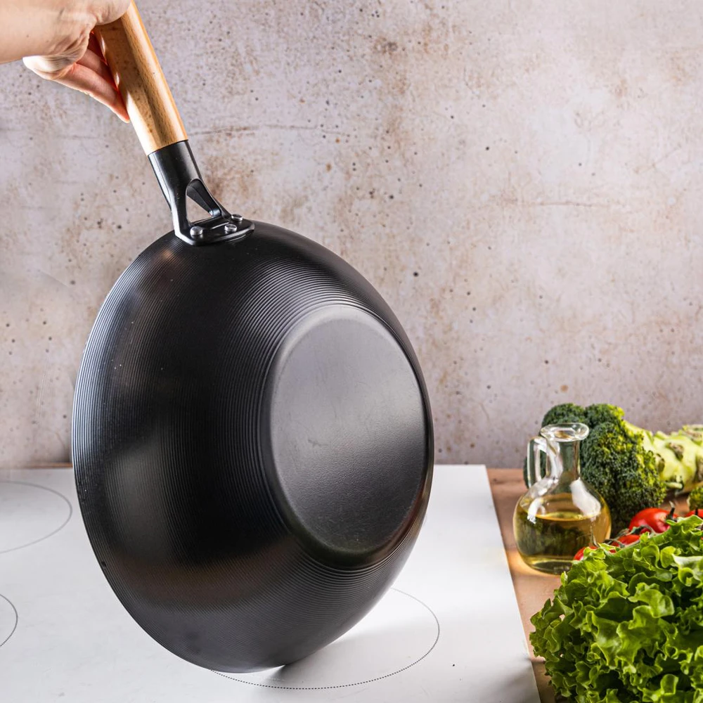 King Hoff Keptuvė Wok keptuvė 30 cm, anglinio plieno, marmurinė nelimpanti danga, medinė rankena, kinghoff, kh-1983