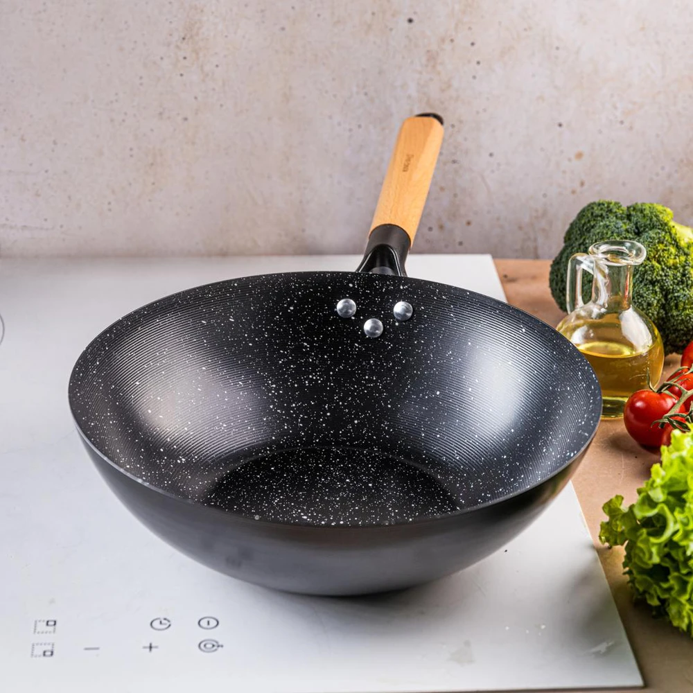 King Hoff Keptuvė Wok keptuvė 30 cm, anglinio plieno, marmurinė nelimpanti danga, medinė rankena, kinghoff, kh-1983