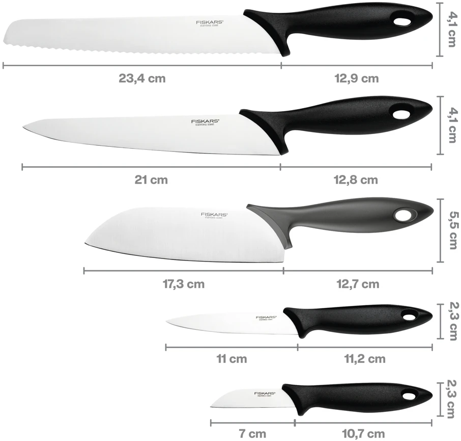 Fiskars "Essential" penkių peilių rinkinys su dėklu