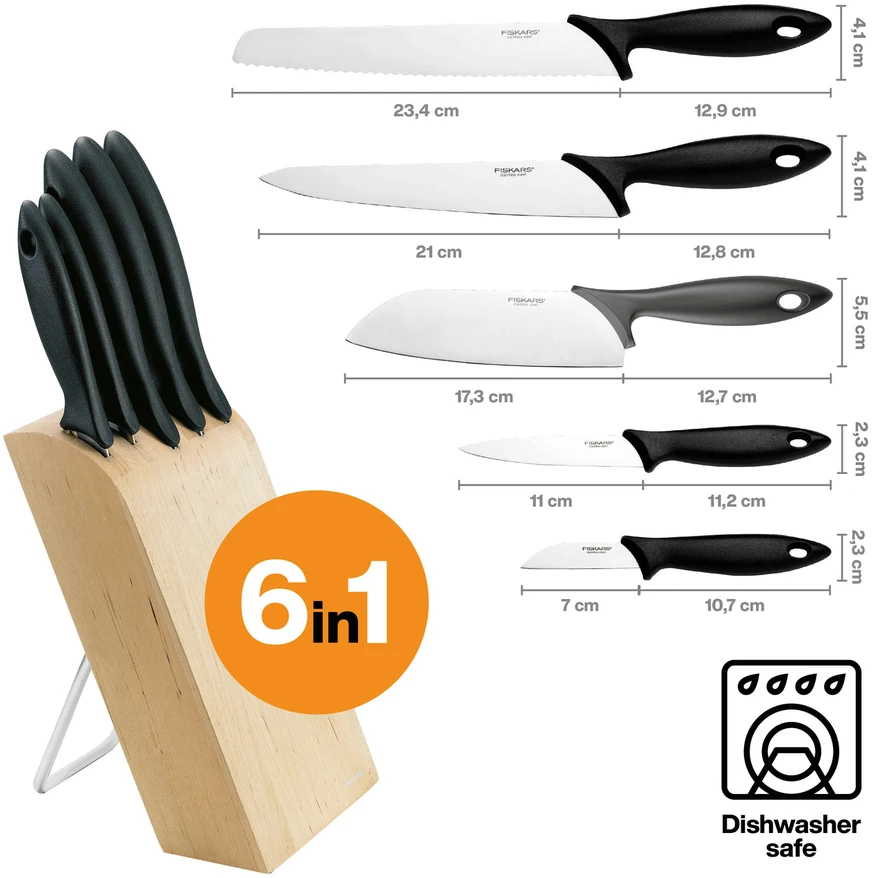 Fiskars "Essential" penkių peilių rinkinys su dėklu