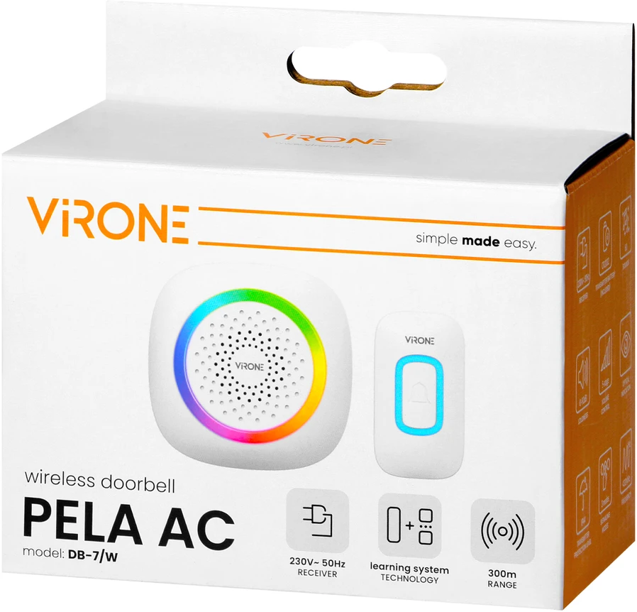Orno PELA AC, belaidis tinklo durų skambutis, mokymosi sistema, 60 garsų, RGB LED, 300 m, baltas