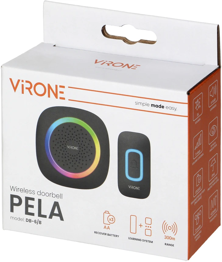 Orno PELA, bevielis baterijos durų skambutis, mokymosi sistema, 60 garsų, RGB LED, 300 m, juoda