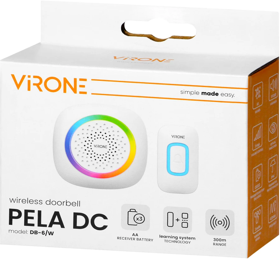 Orno PELA DC, belaidis baterijomis maitinamas durų skambutis, mokymosi sistema, 60 garsų, RGB LED, 300 m, baltas