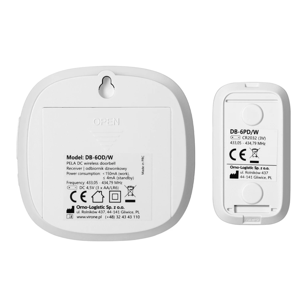 Orno PELA DC, belaidis baterijomis maitinamas durų skambutis, mokymosi sistema, 60 garsų, RGB LED, 300 m, baltas