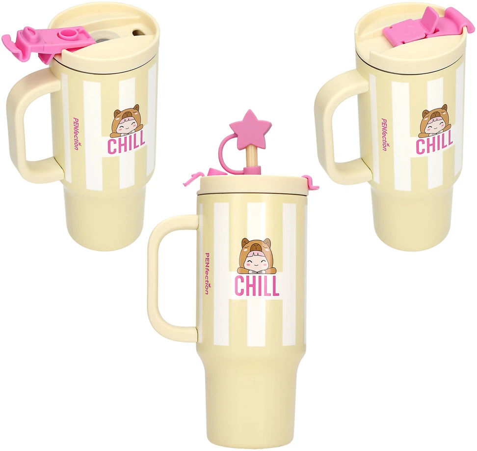 PENFection - Puodelis išsinešimui su šiaudeliu CHILL - Sviesto geltonumo - 470 ml