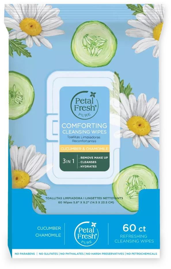 „Petal Fresh“ – grynos, raminančios valomosios servetėlės ​​su agurkais ir ramunėlėmis