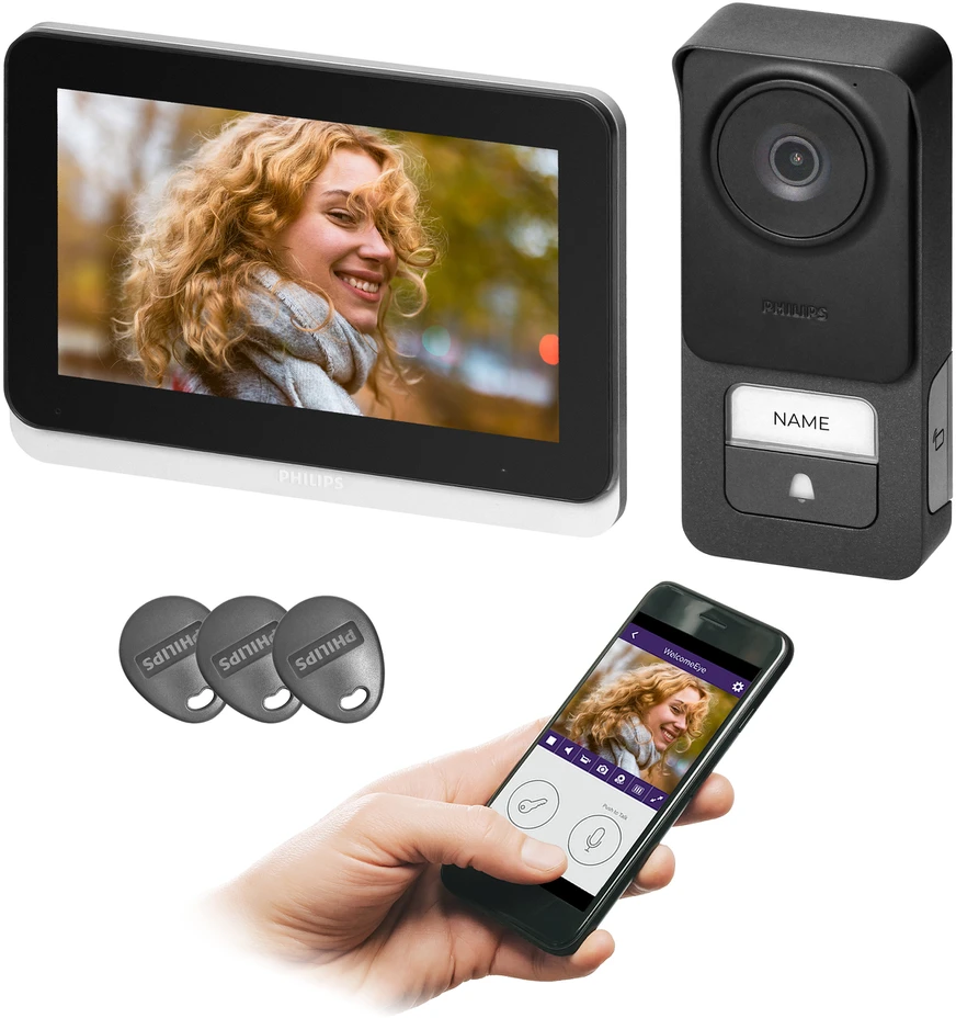 Orno „Philips WelcomeEye Connect 3“ vaizdo domofono komplektas, 2 laidų, 7 colių „Wi-Fi“, jutiklinis ekranas, 3K, RFID