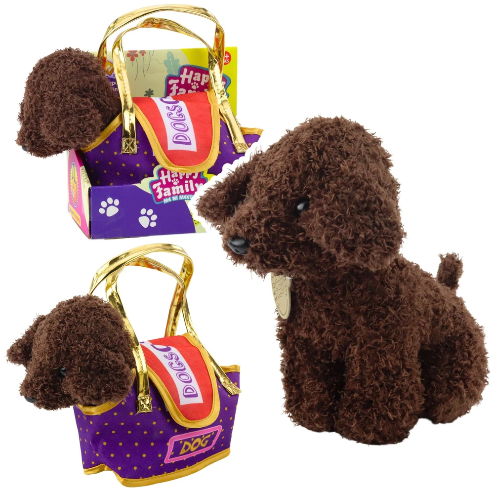Lean Toys Pliušinis žaislas - rudas šuniukas su krepšeliu, 20 cm aprašymas - Prekės nuotrauka