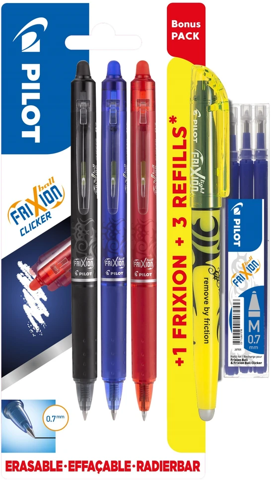 Pilot Pen Gelinis rašiklis Pilot Frixion Clicker 0,7 mm, ištrinamas, 3 vnt./pakuotėje + geltonas teksto žymeklis + šerdelės blisteryje