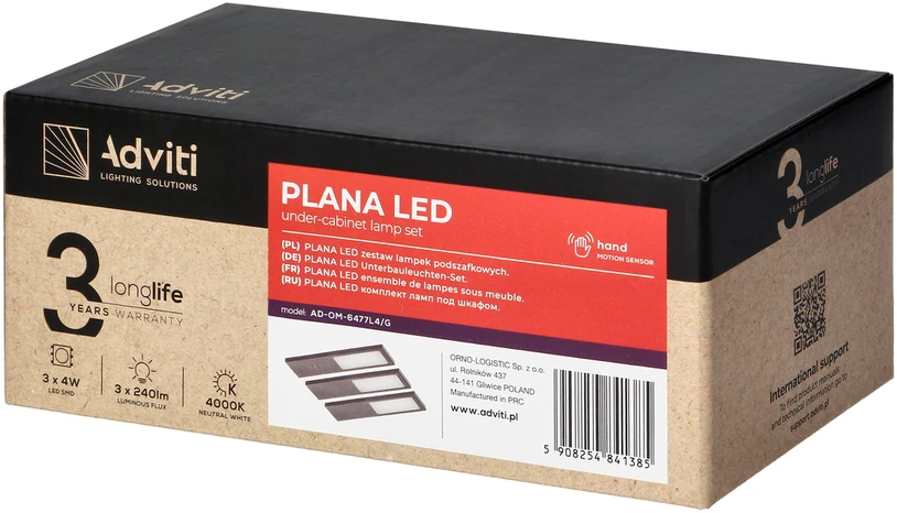 Orno PLANA 3 LED šviestuvų komplektas po spintele, 3x4W, 3x240lm, 4000K, su bekontakčiu jungikliu, pilkos spalvos