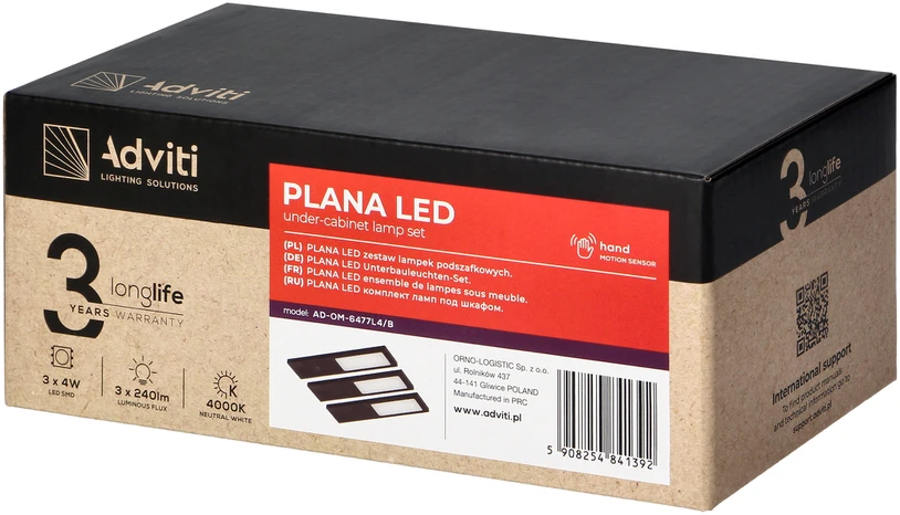 Orno PLANA 3 LED šviestuvų komplektas po spintele, 3x4W, 3x240lm, 4000K, su bekontakčiu jungikliu, juodos spalvos