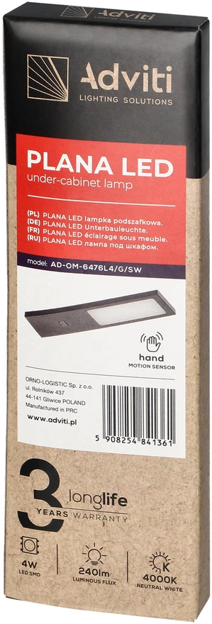 Orno PLANA LED po spintele montuojamas šviestuvas 4W, 240lm, 4000K, su bekontakčiu jungikliu, pilkas