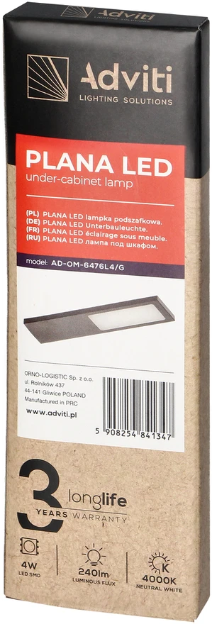 Orno PLANA LED šviestuvas po spintele 4W, 240lm, 4000K, pilkas