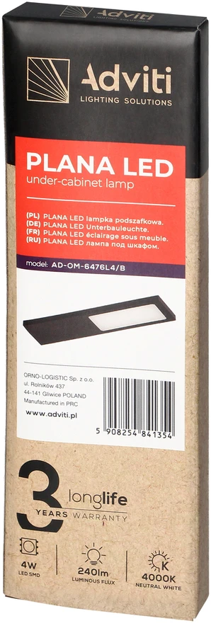 Orno PLANA LED šviestuvas po spintele 4W, 240lm, 4000K, juodas