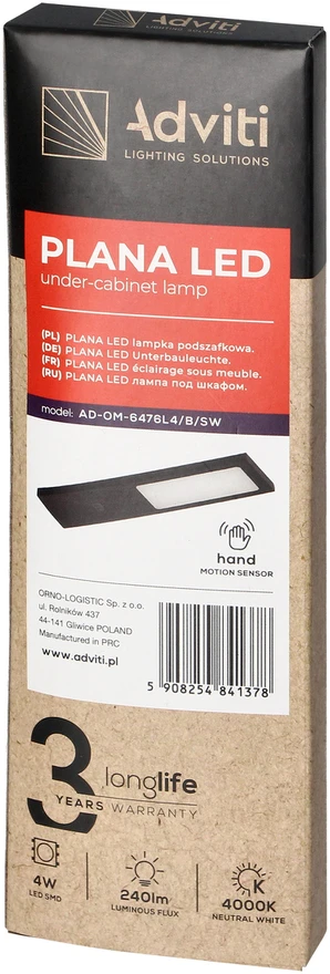 Orno PLANA LED šviestuvas po spintele 4W, 240lm, 4000K, su bekontakčiu jungikliu, juodas