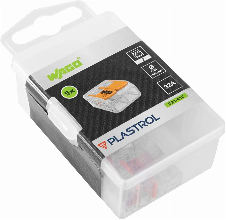 Plastrol Dwukrotna szybkozłączka wago, pudełko plastikowe m box su banderolą 5 vnt.