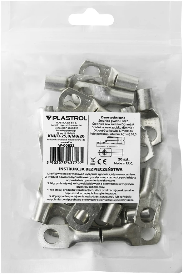 Plastrol Neizoliuotas žiedinis antgalis laidams 25,0mm2; m8; 20 vnt.