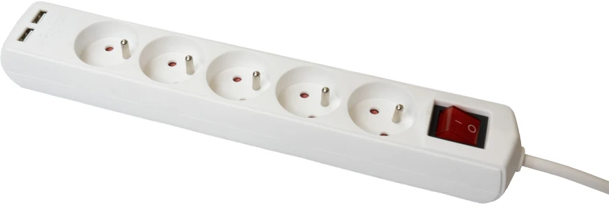 Plastrol Ilgintuvas su šešių lizdų bloku, su jungikliu ir USB, eco, 5x2p+su, 10A, 1,5 m, baltas