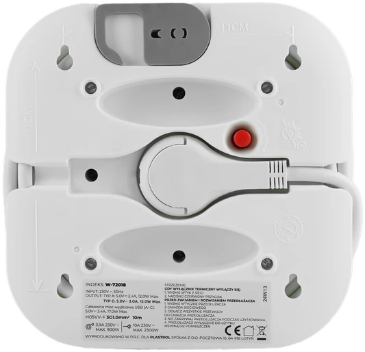 Plastrol Przedłużacz zwijany 10m 3x1mm2, 10a, su zabezpieczeniem termicznym, 3xgniazdo wtyczkowe, 1xusb-c, 1xusb-a