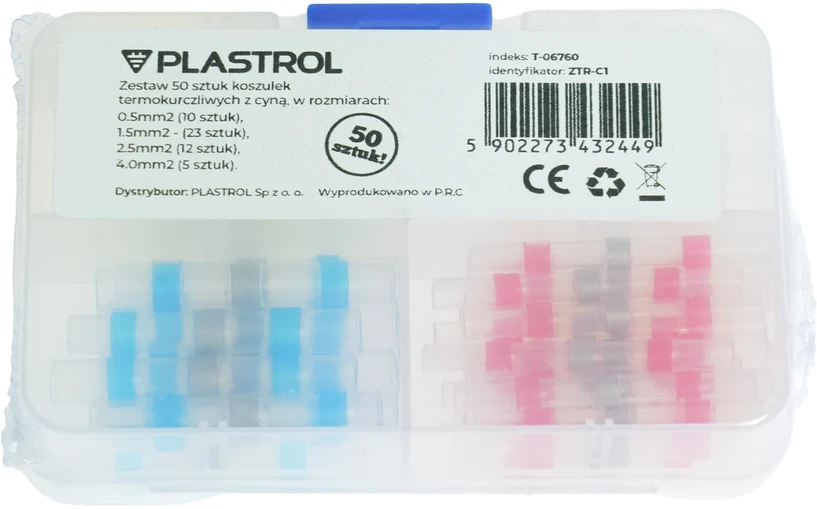 Plastrol Termiškai susitraukiančių greitųjų jungčių su litu rinkinys ztr-c1. diapazonas 0.5mm2 (10 vnt.), 1.5mm2 – (23 vnt.), 2.5mm2 (12 vnt.), 4.0mm2 (5 vnt.).