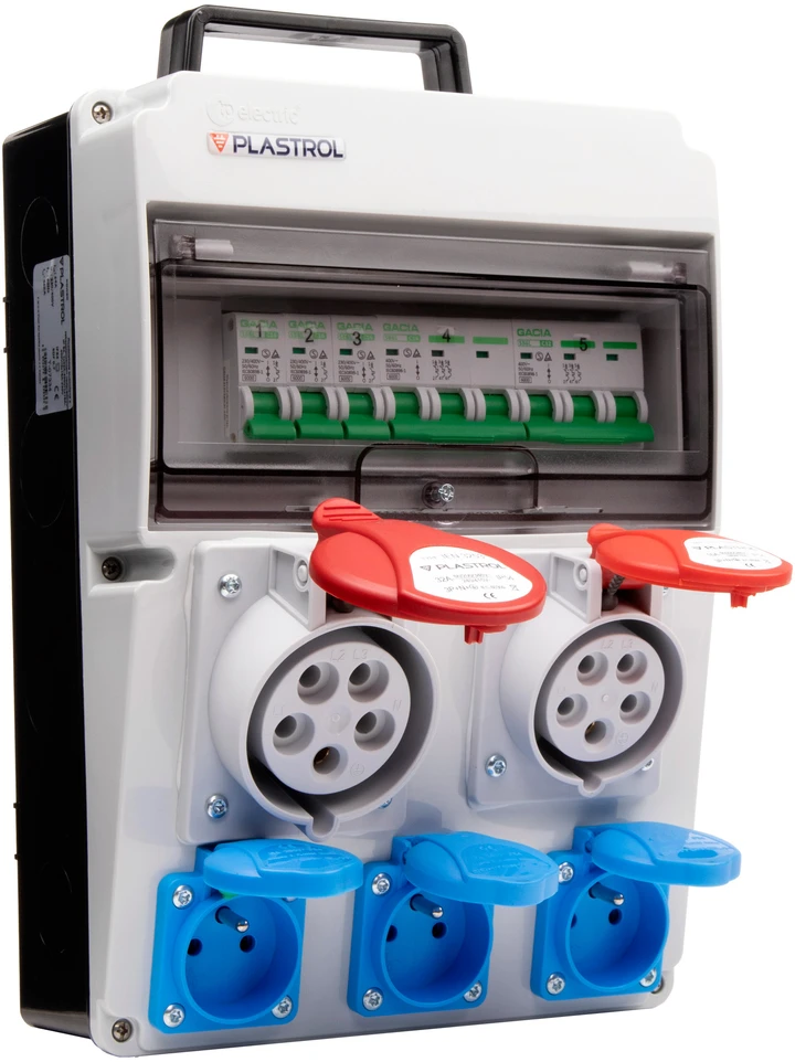 Plastrol Skirstytuvas cas-s 32a 16a 3×230 ip54 statybinis skirstytuvas su viršsrovine apsauga, ip 54, 1x32a-400v/1x16a-400v/3x16a-230v